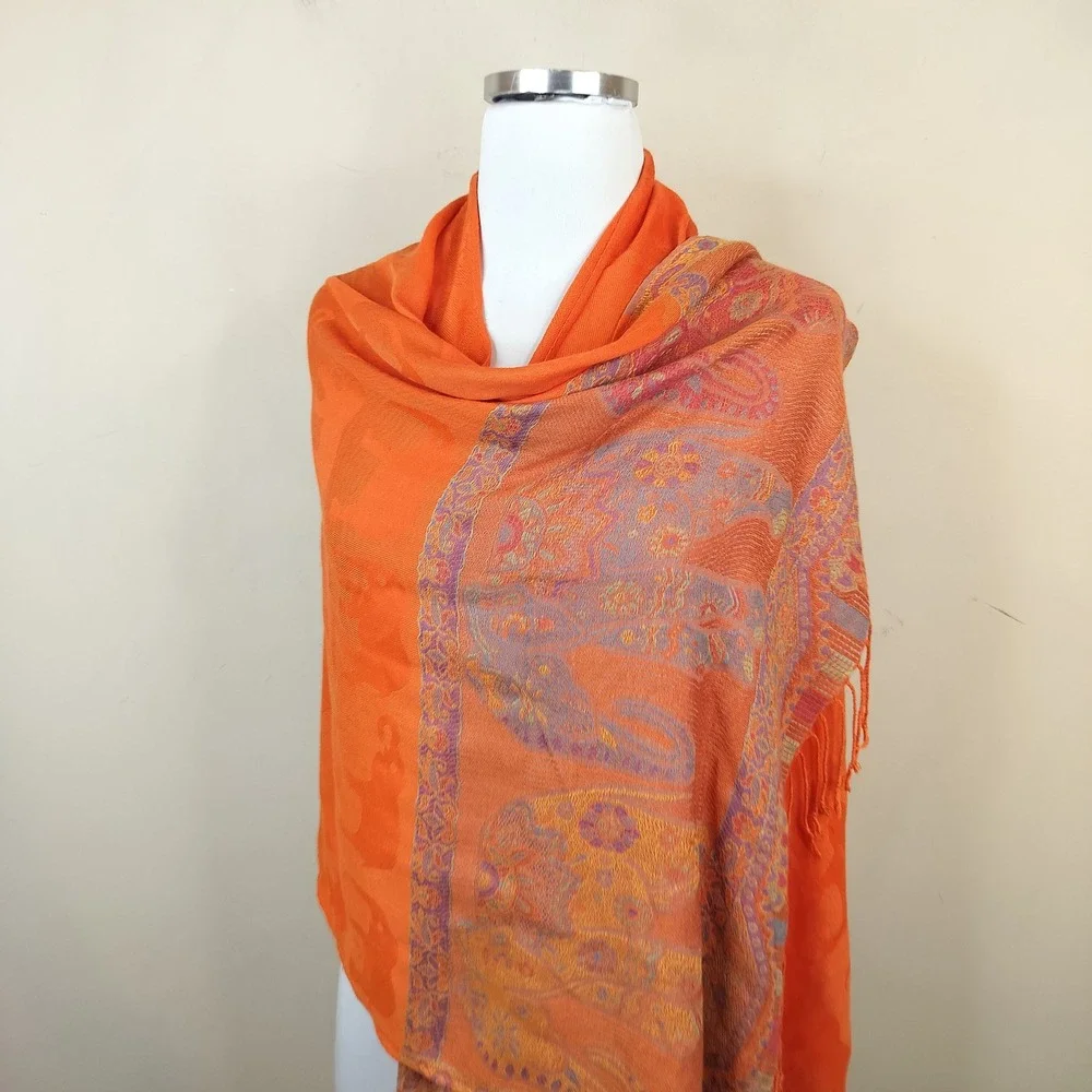Jamawar Shawl Wrap Scarf Elephant Paisley Orange Women's Boho Bohemian 26x70
